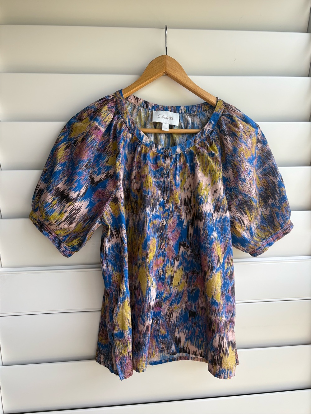 Cleobella Organic Cotton Multicolor Abstract Puff-Sleeve Blouse Blue/Yellow/Pink